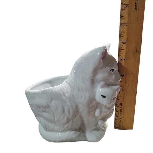 Vtg Mom and baby Kitty Cat planter ceramic high-gloss gree blue eyes - Picture 10 of 10